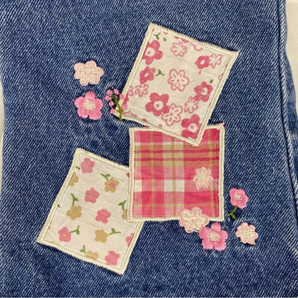 Please Mum Girls Denim Flare Jeans with Pink Patchwork Accents 18 months 90s Y2k - Picture 2 of 5